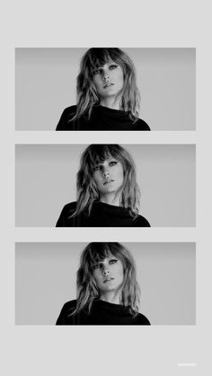 three different images of a woman with long hair and bangs, in black and white