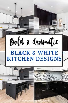 bold & dramatic black and white kitchen designs Off White And Black Kitchen, Black And White Cabinets Kitchen, Kitchen Cabinets Black And White, Black And White Kitchen Cabinets, White French Country Kitchen, Black And White Kitchens, French Country Kitchen Cabinets