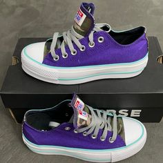 Converse Shoes For Women New Shoes With Box, No Lid Platform Check Out My Store. I Got Vans, Nike, Michael Kors And Converse Converse Platform, Unisex Shoes, Womens Converse, Converse Shoes, Platform Shoes, Woman Colour, New Shoes, Blue And Purple, Converse