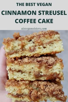 the best vegan cinnamon streusel coffee cake is in someone's hand