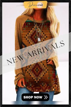 Geometric Round Neck Printed Long Sleeve T-shirt Crew Neck Printed Tops For Fall, Brown Long Sleeve Graphic T-shirt, Brown Long Sleeve Top With Graphic Print, Long Sleeve Cotton Tops With Geometric Pattern, Fall Letter Print Raglan Sleeve Top, Ladies Tops Fashion, Shirt Sleeves, Long Sleeve T Shirt, Shirts Tops