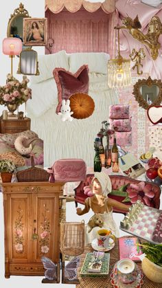 a collage of pink and gold items including bedding, pillows, lamps, teddy bear