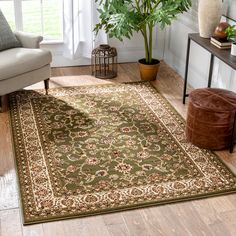 a living room area with a rug, chair and potted plant