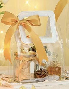 a glass jar filled with lots of different items