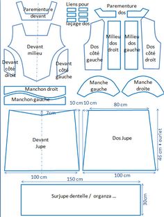 the front and back view of an unisex sewing pattern, with measurements for each piece