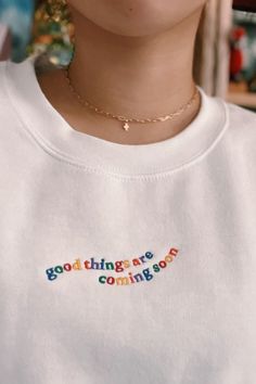 Our 'Good Things Are Coming Soon' embroidered rainbow lettering unisex heavy-blend sweatshirt is made with air-jet spun yarn for a soft and comfy fit. heavy-blend Unisex fit. #embroidered #embroideredcrewnecksweatshirt #embroideredpulloversweatshirt #aestheticpullover #aestheticcrewneck #aestheticsweatshirt #aestheticembroideredsweatshirt #christianapparel #faithapparel #selfcareapparel #mentalhealthsweatshirt #mentalhealthcrewneck #mentalhealthgift #mentalhealthshirts #cutesweatshirtwomen Casual Rainbow Crew Neck Sweatshirt, Rainbow Cotton Crew Neck Sweatshirt, Multicolor Embroidered Text Crew Neck Sweatshirt, Sweatshirt Design Ideas, Wavy Rainbow, Rainbow Lettering, Aesthetic Crewneck, Embroidered Rainbow, Good Things Are Coming