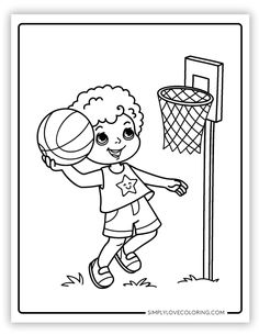 a coloring page with a boy playing basketball on the court and holding a ball in his hand