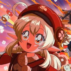 an anime character with long blonde hair and big eyes, wearing a red beret