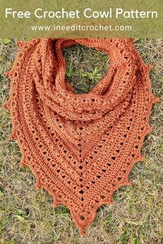 the free crochet cowl scarf pattern is shown in orange and has an open triangle