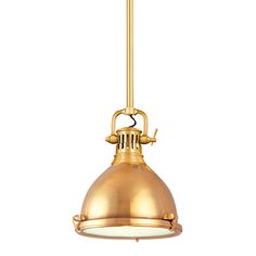 an antique brass pendant light with a white glass shade