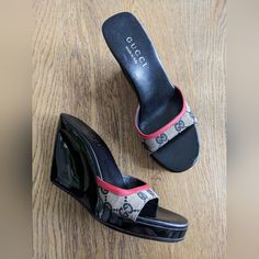 Classic Gucci Logo Mules With An Updated Modern Sculpted Heel! No Major Flaws, Very Light Wear. These Are A Size 4.5b. I'm A Size 5 And Sometimes A 4.5 And These Fit! I Included A Picture Of The Insole Measurement. Let's Have Some Fun With Fashion This Year! Wedge Mules, Shoes Gucci, Gucci Logo, Gucci Black, Gucci Shoes, Have Some Fun, Mule Clogs, Mules Shoes, Black Tan