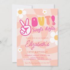 a pink and yellow birthday party card with the word out single digits on it