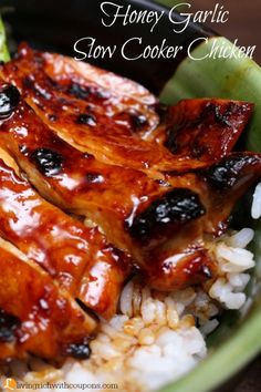 honey garlic slow cooker chicken on rice in a bowl