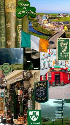 there are many different signs in this collage that include buildings, street signs, and irish flags