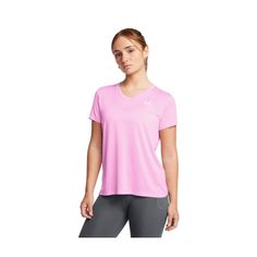 The Under Armour� Tech� Twist Short-Sleeve V-Neck T-Shirt for Ladies keeps you feeling your best thanks to moisture-wicking, odor-fighting performance. The 100% polyester UA Tech� fabric dries quickly with a natural feel, and integrated 4-way stretch allows a full range of motion. Additional features include a small metallic front logo, a deep V-neck, and a back UA� locker tag. This women's Under Armour Tech Twist tee pairs with everything from street clothes to athletic wear. Machine wash. Impo Pink V-neck Workout Tops, Pink V-neck Athleisure Top, Pink V-neck Sports Top, Athleisure V-neck Sports T-shirt, Moisture-wicking V-neck Athleisure T-shirt, Moisture-wicking V-neck T-shirt For Athleisure, Pink Moisture-wicking T-shirt, Under Armour Short Sleeve Athleisure Top, Under Armour Short Sleeve Workout Top