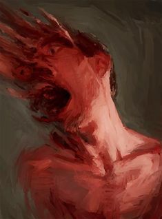 an abstract painting of a woman's head with red hair blowing in the wind