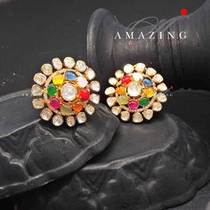 Navratna Stone Earring |Semi Precious Navaratna Earring | Moissanite Polki Earring | Indian Wedding Jewelry | Stud | Earring Material: Silver Gemstone: Moissanite, Semi Precious Navratna Stones  Stone colour:  Uncut Polki Primary colour: Gold Size-Length: 28mm Width: 28mm Closure: Screw back and Clips Silver Intricate, hand-crafted, Pure Silver Polki Earrings, studded with high-quality Semi Precious Navratna Stones, Earring comes with a screw back and clips, made in 92.5 silver with 22ct gold pl Navaratna Earrings, Polki Studs, Studs Indian, Earring Indian, Silver Hallmarks, Wedding Jewelery, Polki Earrings, Earring Wedding, Stone Colour