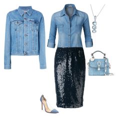 "FW D SEQUIN PENCIL SKIRT, DENIM SHIRT, DENIM JACKET, DENIM PUMPS - DENIM, BLUE" by laliquemurano on Polyvore featuring Reeves And Reeves, LE3NO, Gianvito Rossi, P.A.R.O.S.H., Forte Forte and Ermanno Scervino Sequins And Denim Outfit, Denim And Sparkles Outfit, Demin And Diamonds Party Ideas Outfits, Denim And Diamonds Party Outfit Classy, Diamonds And Denim Party Outfits