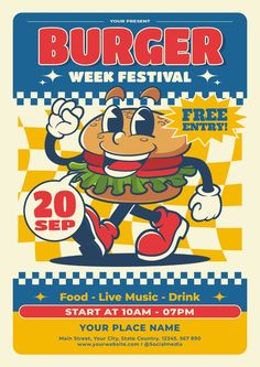 a flyer for a burger festival with an image of a cartoon character