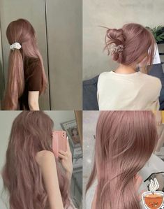 Coquette Hair Color Ideas, Hair Colour Ideas Cool Tone, Light Color Hair Dye, Hair Dye Inspo Natural, Ash Peach Hair, Muted Pink Hair Color, Milk Tea Purple Hair, Ashy Rose Hair, Ash Rose Gold Hair