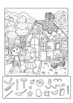 a coloring page with an image of two children in front of a house