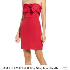 This Pretty And Easy Dress Is Great For A Cocktail Or Any Evening Occasion. Put On Some Red Lipstick, Red Pumps Or Black Stilettos And You’re All Set. It Is Sized At 12 But It Runs Small As With Most Sam Edelman Easily Good For Size 10. Red Evening Dress With Red Bow, Red Evening Dress With Bow, Red Dress With Red Bow For Evening, Elegant Fitted Dresses With Red Bow, Elegant Evening Dress With Red Bow, Chic Red Mini Dress With Bow, Elegant Red Mini Dress With Bow, Summer Party Dress With Red Bow, Chic Sheath Mini Dress For Holiday