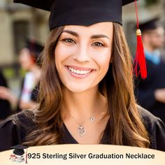 a woman wearing a graduation cap and gown with the words 925 sterling silver graduation necklace