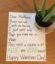 a note to someone about valentine's day with a plant in the pot on top