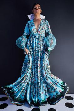 Shop for Limerick by Abirr N' Nanki Blue Tiered Floral Print Dress for Women Online at Aza Fashions Printed Maxi Dress Indian, Maxi Dress Indian, Maxi Dress Design, Anarkali Lehenga, Maxi Dress Designs, Blue Maxi, Indian Fashion Designers, Designer Gowns, Maxi Dress Blue