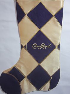 Crown Royal Bag Christmas stocking made of Gold satin and genuine purple Crown Royal bags fully lined with white cotton fabric Back of stocking is solid gold satin material Stocking measures : 15 in top to toe, 8 in across the top 10 in heel to toe Hand made in my smoke free home, Very well made in Michigan, USA Mask Patterns, Purple Crown, Royal Christmas, Crown Crafts