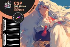 an image of a woman with long white hair in front of the camera and text that reads csp clip studio paint inspired brushes