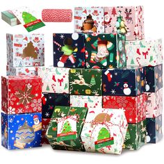 many presents are stacked on top of each other in different colors and patterns, including christmas trees