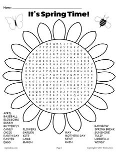 it's spring time word search page for kids to learn how to write and color