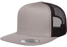 a gray and black trucker hat on a white background