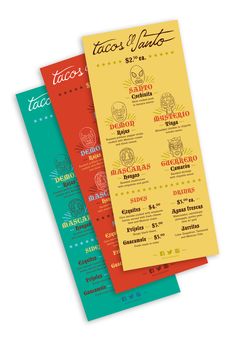 three menus with different colors and designs on the front, one for tacos de latuto