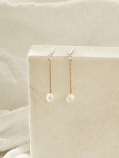 Ellis Freshwater Pearl Drop Earrings (Vermeil) – Olive + Piper Delicate Bridal Earrings, Delicate Bridal Jewelry, Blue Hair Accessories, Earring Stack, Beads Craft Jewelry, Freshwater Pearl Drop Earrings, Wedding Earrings Drop, Golden Chain, Jewelry Lookbook