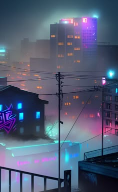 an urban area with buildings and neon lights in the fog