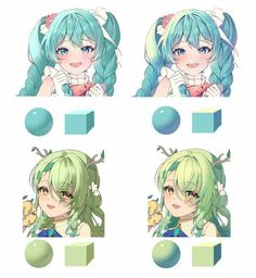 anime character animation with different expressions and hair color options for each character in the game