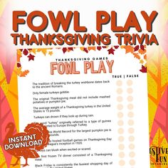 Thanksgiving Fowl Play Trivia Game is a fun and easy Friendsgiving true or false questionnaire. Perfect as a classroom party activity or fall family game night printable. UPGRADE TO THE COMPLETE PRINTABLE THANKSGIVING GAMES BUNDLE: https://festivefunprintables.etsy.com/listing/1584069254 Get ready to embark on a Thanksgiving adventure like no other! These Printable Games are the perfect addition to your celebration. Whether you're hosting a Thanksgiving party, gathering with friends and family f Games To Play On Thanksgiving, Friendsgiving Crafts, Thanksgiving Facts, Thanksgiving 2024, Printable Thanksgiving, True False, Trivia Game, Thanksgiving Party, Thanksgiving Games