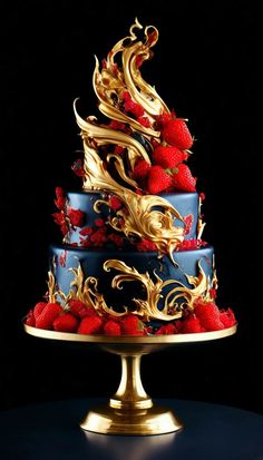 a blue and gold cake with strawberries on top