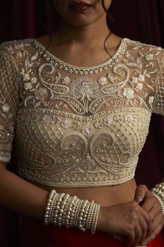 Netted Blouse Designs, Material Ideas, Net Blouse, Pearl Work, Wedding Blouse Designs, Blouse Designs Indian