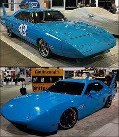 two pictures of the same car on display