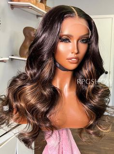 hair color: Natural Hair with Caramel Blonde Highlights</BR>

hair length: 20"</BR>

hair density: 200%</BR> Wavy Natural Hair, Caramel Blonde Highlights, Long Middle Part, Color Natural Hair, Frontal Wig Body Wave, Peekaboo Highlights, Full Lace Frontal, Caramel Blonde, Hair Model