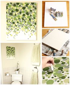 four different pictures with green and white designs on them, including a bathroom wall hanging