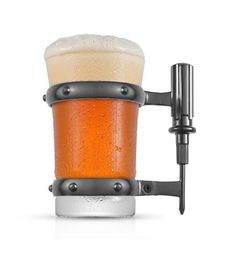 a beer is being held up to the side by a bar clamper that holds a pint of beer