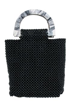 Current Boutique-Cleobella - Black Beaded Handbag w/ Marble Handles Black Top Handle Bag With Pearl Handle, Black Handheld Bags With Pearl Handle, Black Handheld Bag With Pearl Handle, Trendy Black Bags With Pearl Handle, Black Rectangular Bag With Pearl Handle, Black Shoulder Bag For Summer Party, Elegant Black Shoulder Bag For Beach, Elegant Beaded Summer Bags, Black Summer Party Bag