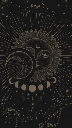 the sun and moon are depicted in this black and white drawing with stars around it