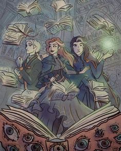 an illustration of three people sitting on top of a book with flying birds above them