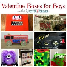 valentine boxes for boys with pictures of different types of items in them and the text overlay reads, valentine boxes for boys completed by fosterer 2 forever