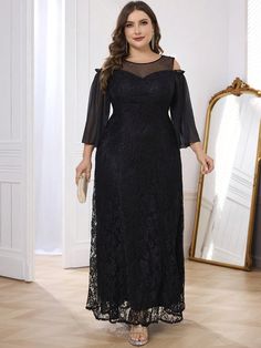 Plus Size Lace Patchwork 3/4 Sleeve Maxi Evening Gown (Heavily Embellished), Elegant Long Sleeve Semi Formal Prom Dress, For Birthday, Wedding Guest, Graduation Homecoming Black Elegant  Long Sleeve Lace Plain A Line Slight Stretch Spring/Fall,Winter Weddings & Events, size features are:Bust: ,Length: ,Sleeve Length: